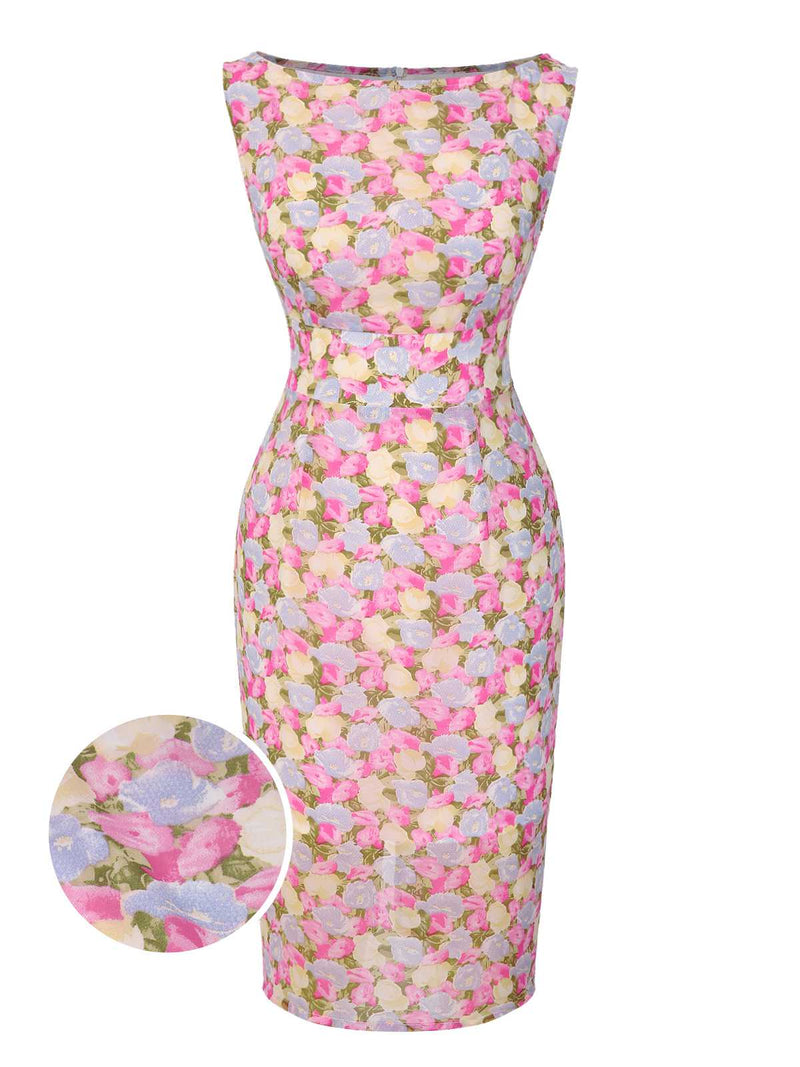Retro Vintage Floral Boat Neck Sleeveless Pencil Dress Derby Dress Pink
