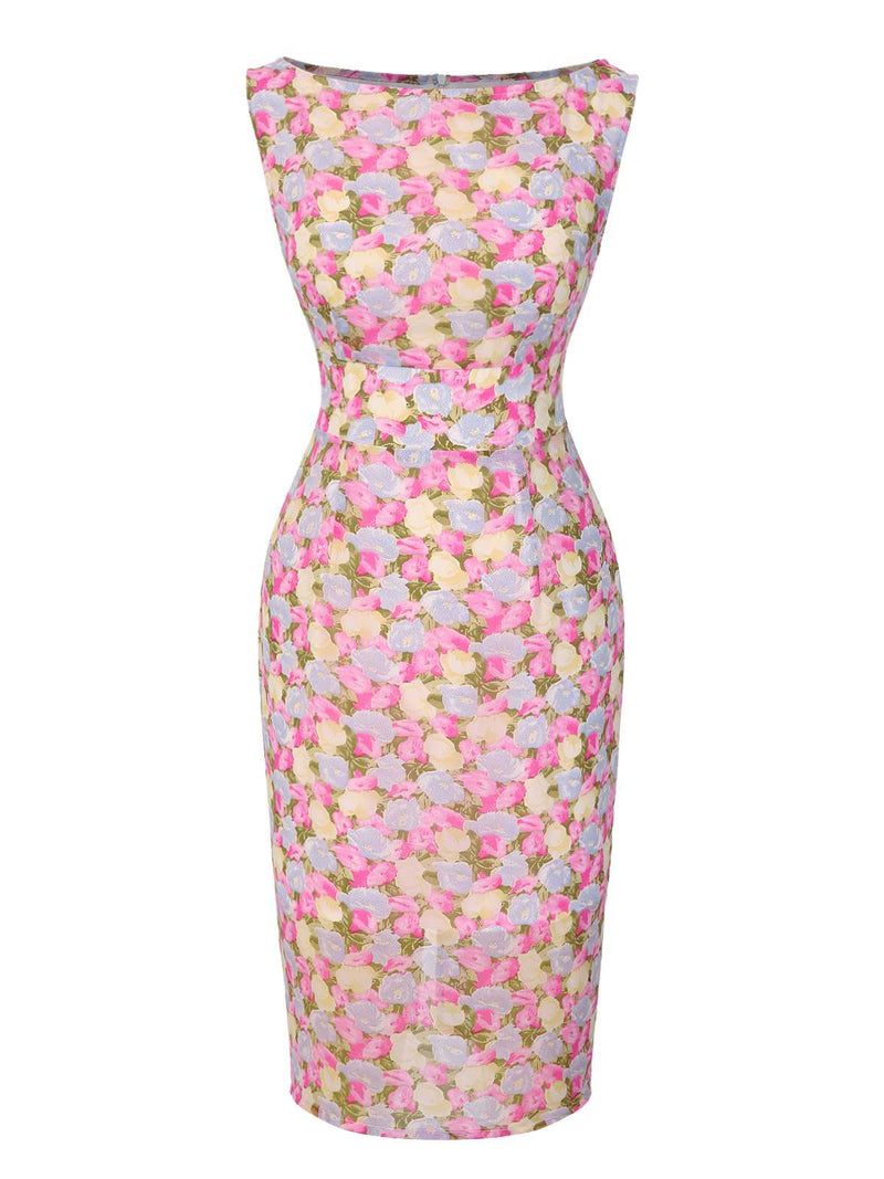 Pink 1960s Boat Neck Floral Bodycon Dress
