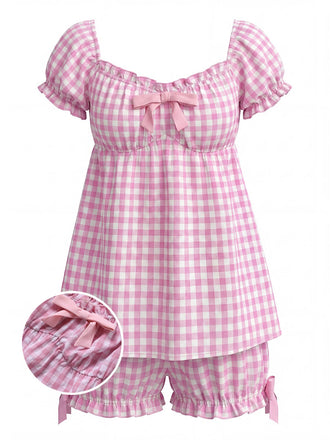 Pink 1960s Bow Gingham Ruffle Pajama Set - vintage fashion, retro style