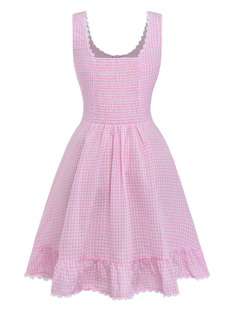 Pink 1960s Bow Lace Gingham Lace up Dress Retro Stage pink-1960s-bow-lace-gingham-lace-up-dress-retro-stage
