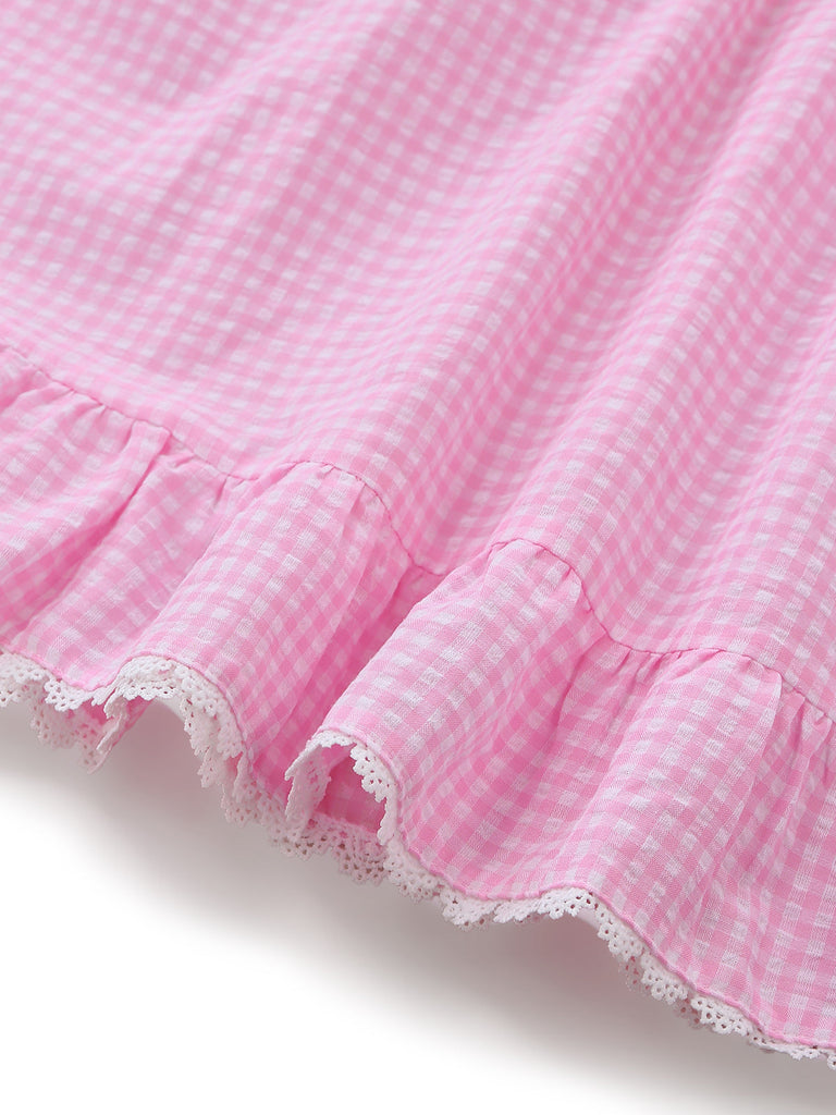 Pink 1960s Bow Lace Gingham Lace-up Dress - vintage dress, retro fashion, elegant style for vintage lovers