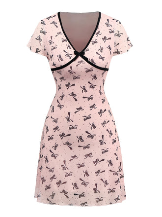 Pink 1960s Bow Print V-Neck Mesh Dress - vintage dress, retro fashion