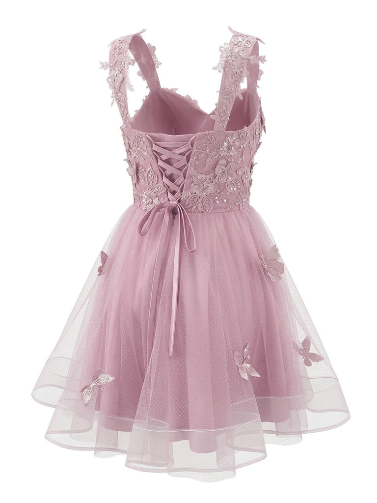 strapless open back dress Pre-Sale] Pink 1960s Butterfly Tulle Glitter Homecoming Mini Dress