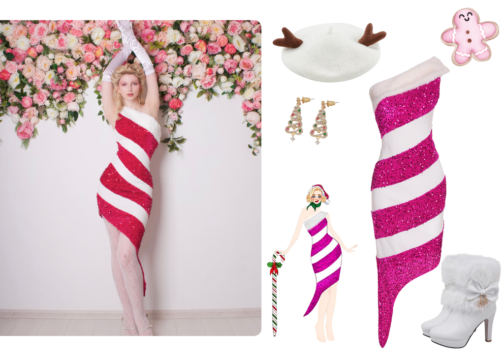 She slips into this Pink 1960s Candy Cane One-Shoulder Dress and suddenly it's a 1960s daydream