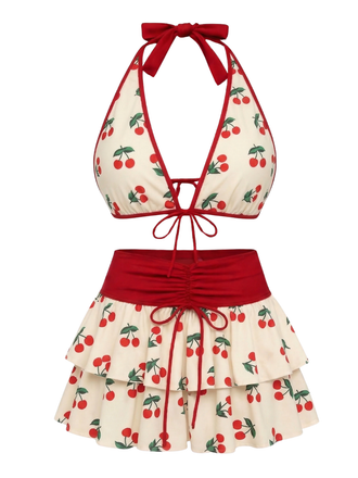 [Pre-Sale] Pink 1960s Cherry Print Tie-Front Layered Bikini Set