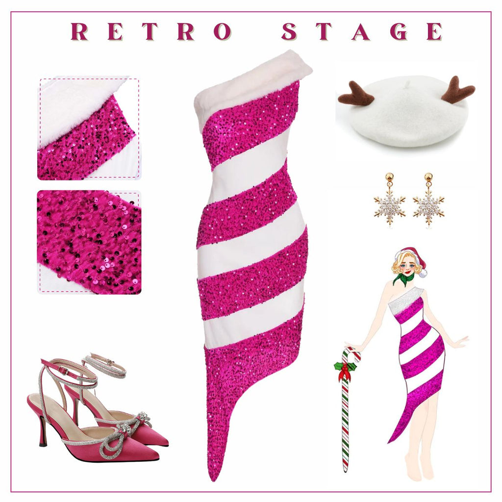 Pink 1960s Christmas Candy Cane Off-Shoulder Dress: timeless style reimagined