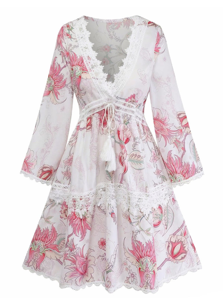 Pink 1960s Floral Cutout Print V-Neck Lace Dress - vintage dress, retro fashion, elegant style for vintage lovers