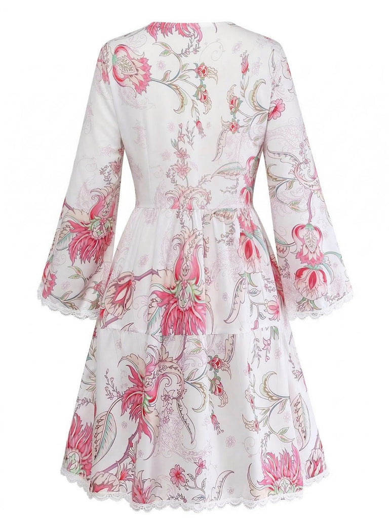 Pink 1960s Floral Cutout Print V-Neck Lace Dress: beautiful vintage dress, retro fashion, elegant style with timeless appeal