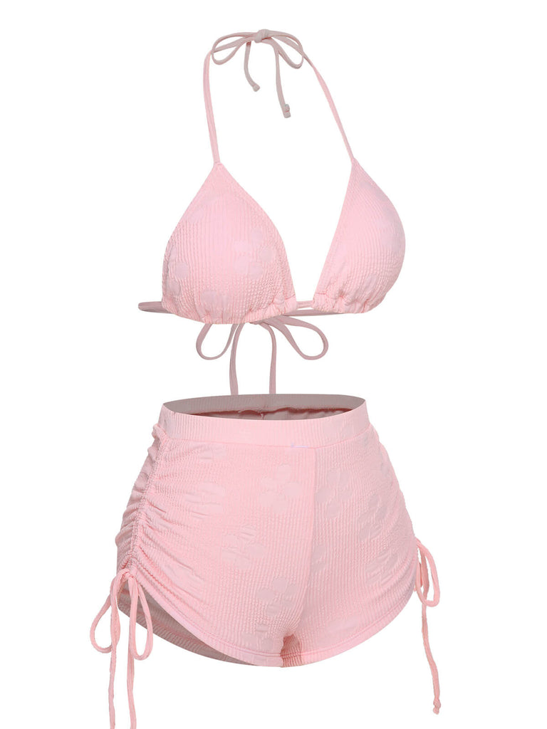 Pink 1960s Floral Lace-Up Halter Swimsuit: 1960s Riviera elegance, reimagined for her