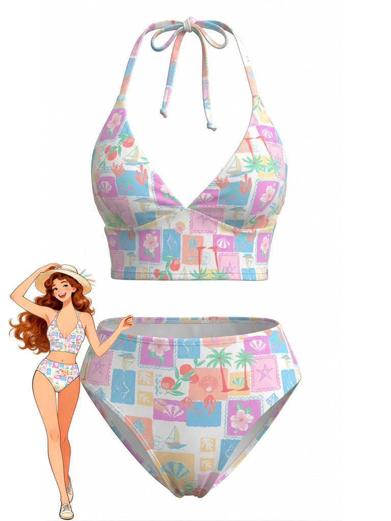 Pink 1960s Floral Plaid V-Neck Halter Bikini Set - vintage swimsuit, pin-up swimwear for vintage lovers