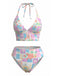 Pink 1960s Floral Plaid V-Neck Halter Bikini Set - vintage swimsuit, pin-up swimwear for vintage lovers
