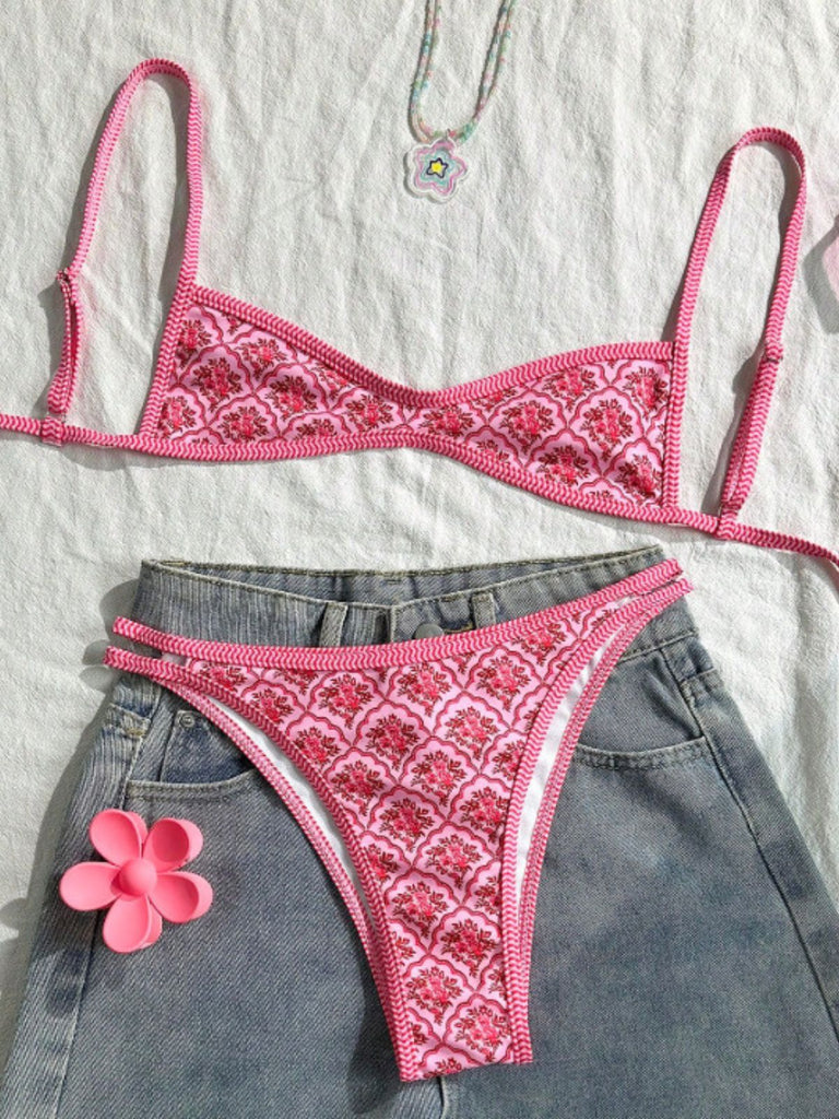Pink 1960s Floral Print Bikini Set - vintage fashion, retro style