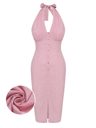 She slips into this Pink 1960s Halter Stripes Slit Dress and suddenly it's a 1960s daydream