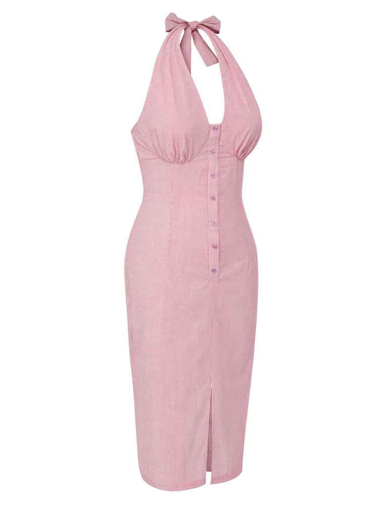 Pink 1960s Halter Stripes Slit Dress Pink 1960s Halter Stripes Slit Dress