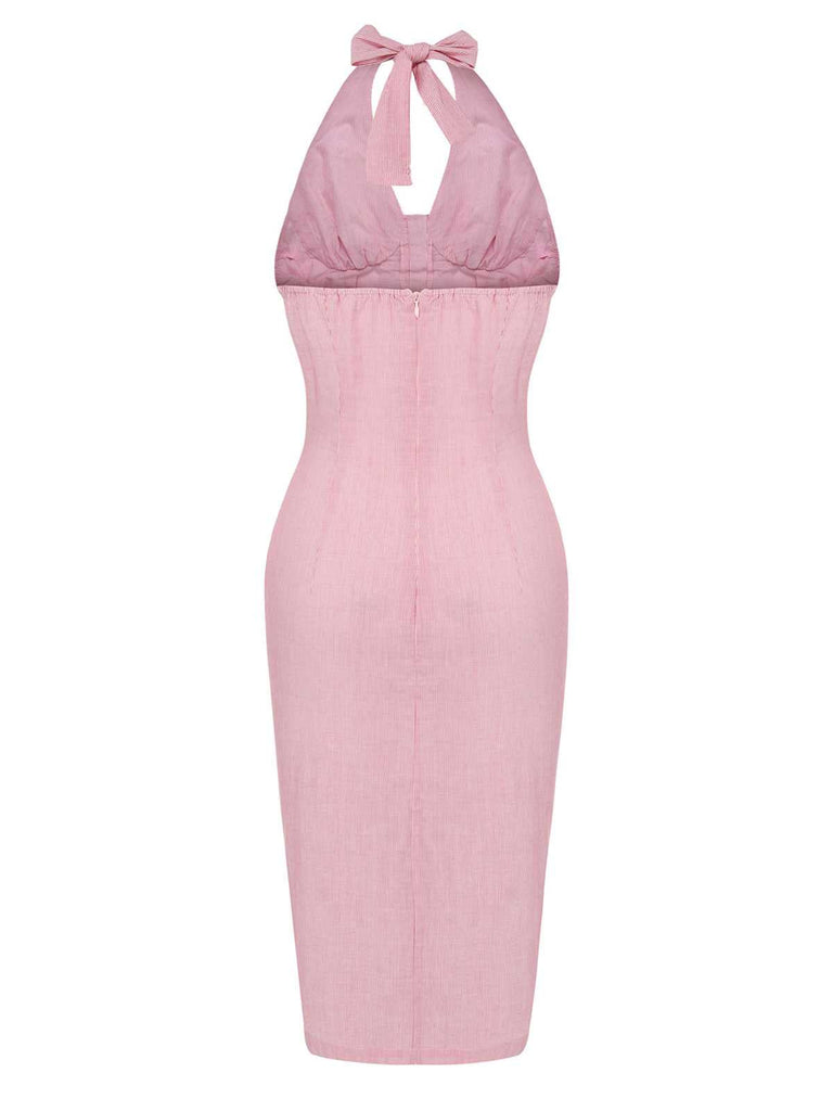 Pink 1960s Halter Stripes Slit Dress | Retro Stage Pink 1960s Halter Stripes Slit Dress | Retro Stage