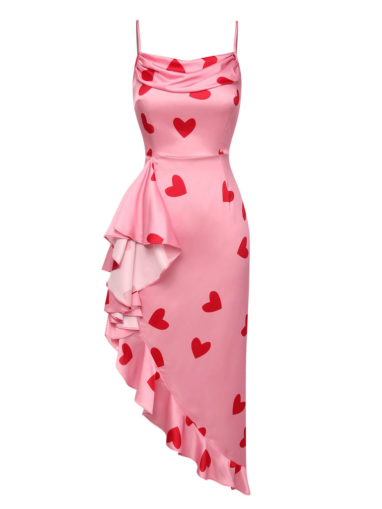 pink heart dress Satin Ruffle Wedding Guest Dresses 2026 Cocktail Dresses for Women Hi-Low Spaghetti Straps Heart Print Dress