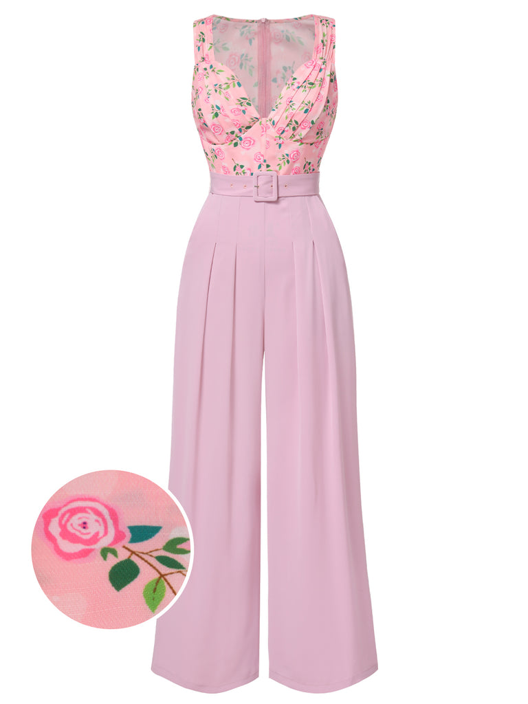 Pink 1960s Heart Neck Roses Belted Jumpsuit: 1960s detail work for the woman who notices