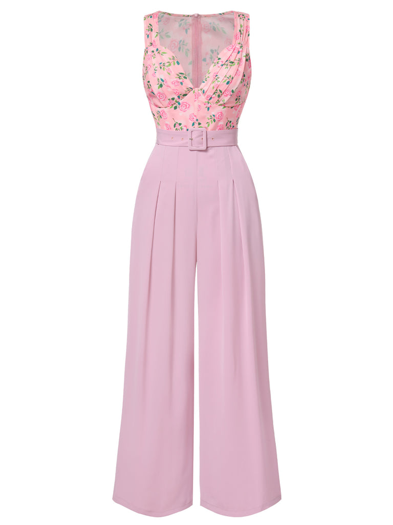 This Pink 1960s Heart Neck Roses Belted Jumpsuit carries 1960s stories waiting to be told