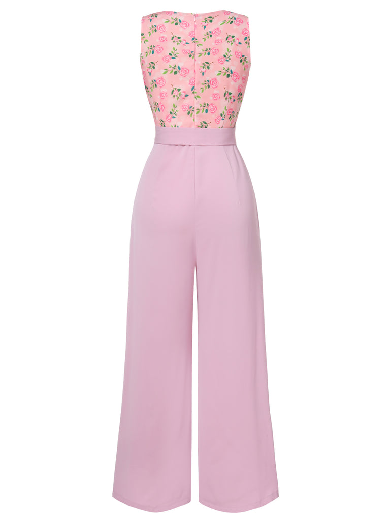 Pink 1960s Heart Neck Roses Belted Jumpsuit — the 1960s finishing touch that makes her outfit sing