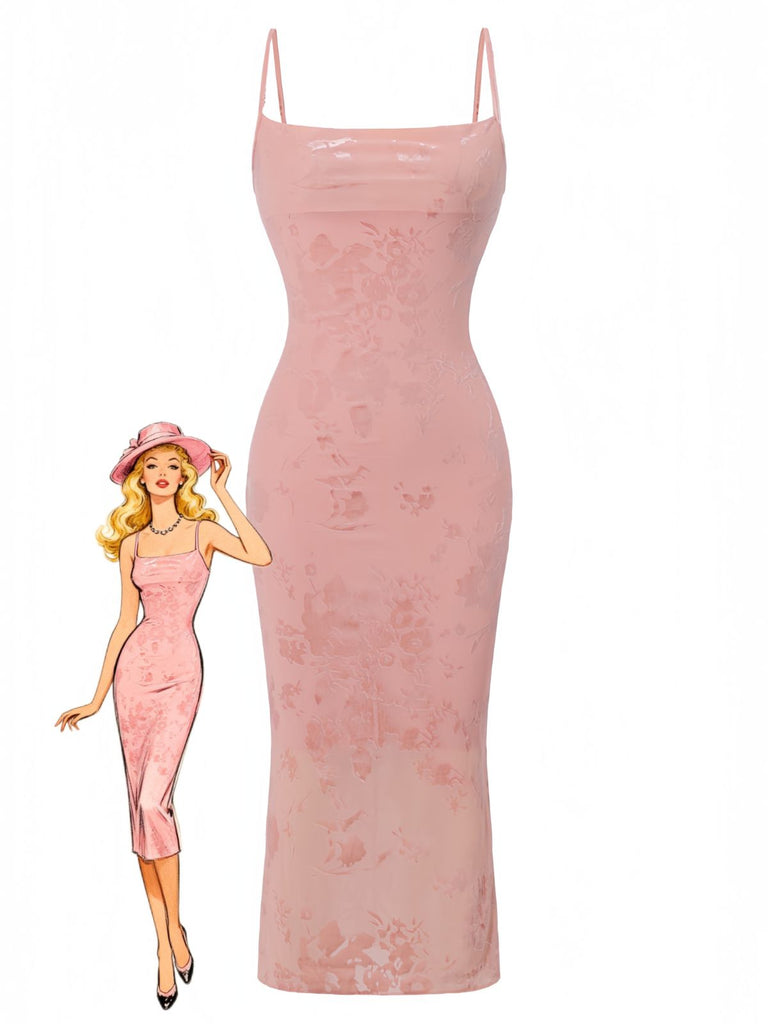 Pink 1960s Jacquard Satin Halter Bodycon Maxi Dress 9