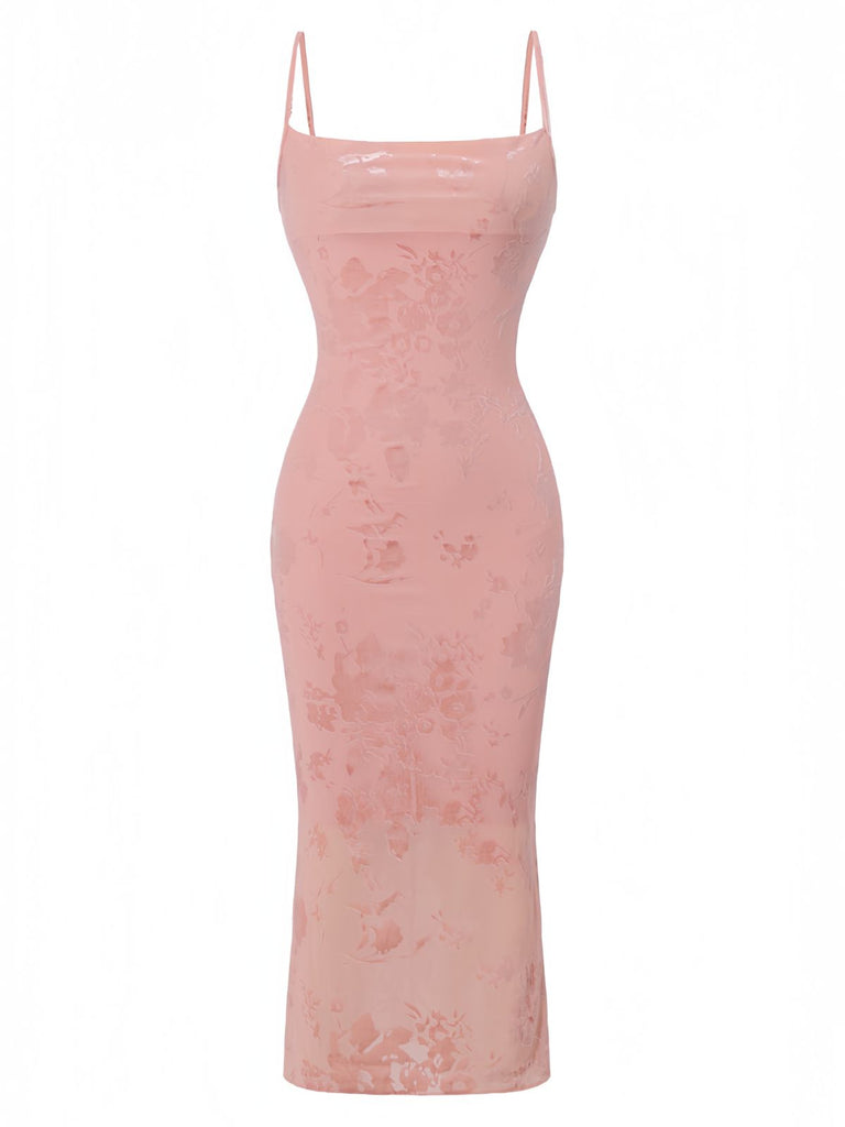 Pink 1960s Jacquard Satin Halter Bodycon Maxi Dress