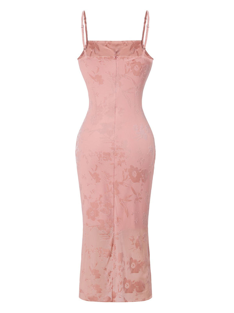 Pink 1960s Jacquard Satin Halter Bodycon Maxi Dress 2