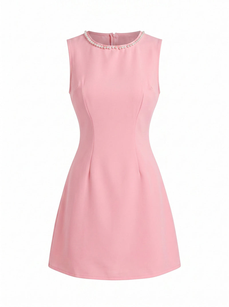Pink 1960s Pearl Sleeveless Round Neck A-Line Dress