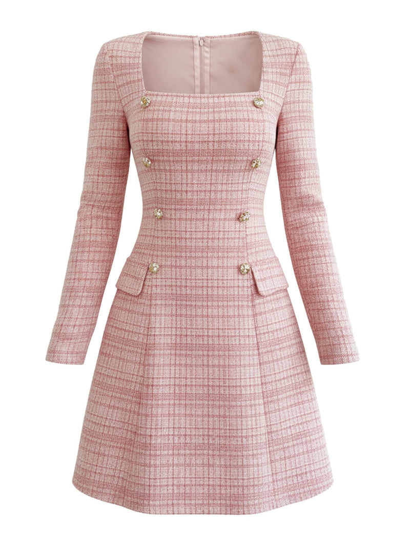 tweed dress pink Pink Tweed Long Sleeve Blazer Dress Women's Square Neck Plaid Mini Dress