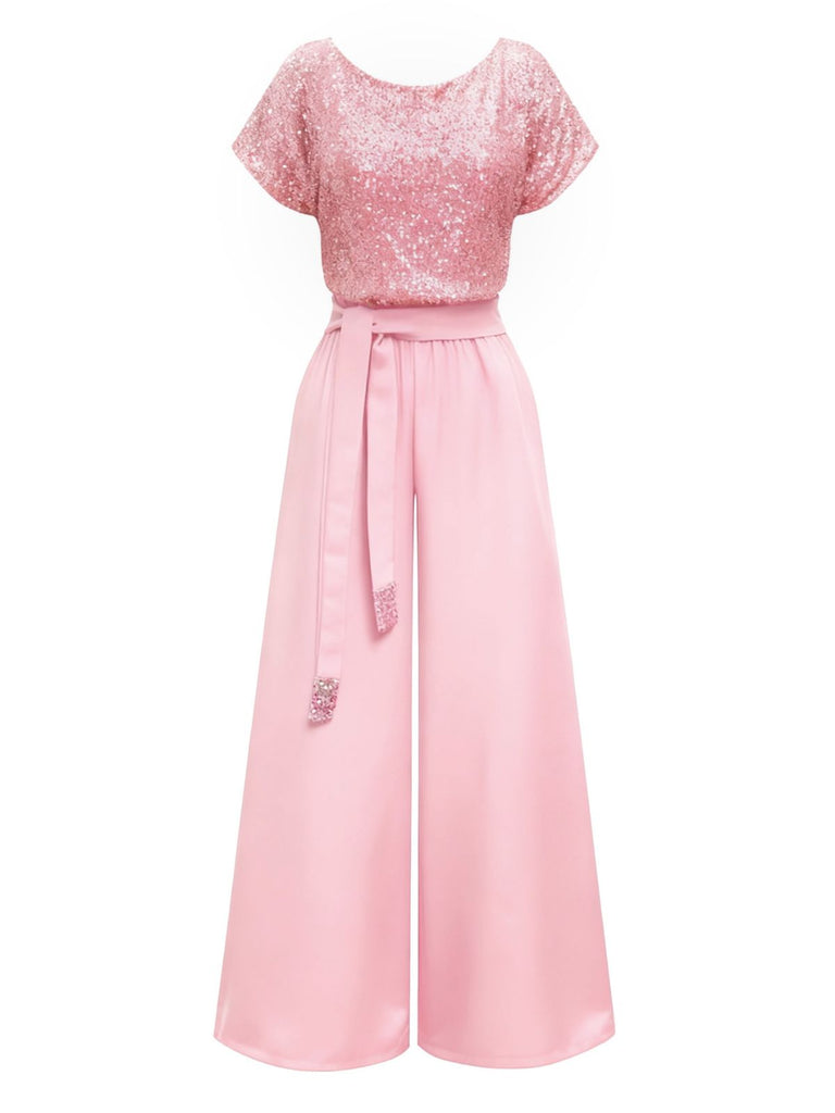 Pink 1960s Sequined Wide-Leg Jumpsuit - vintage jumpsuit, retro fashion