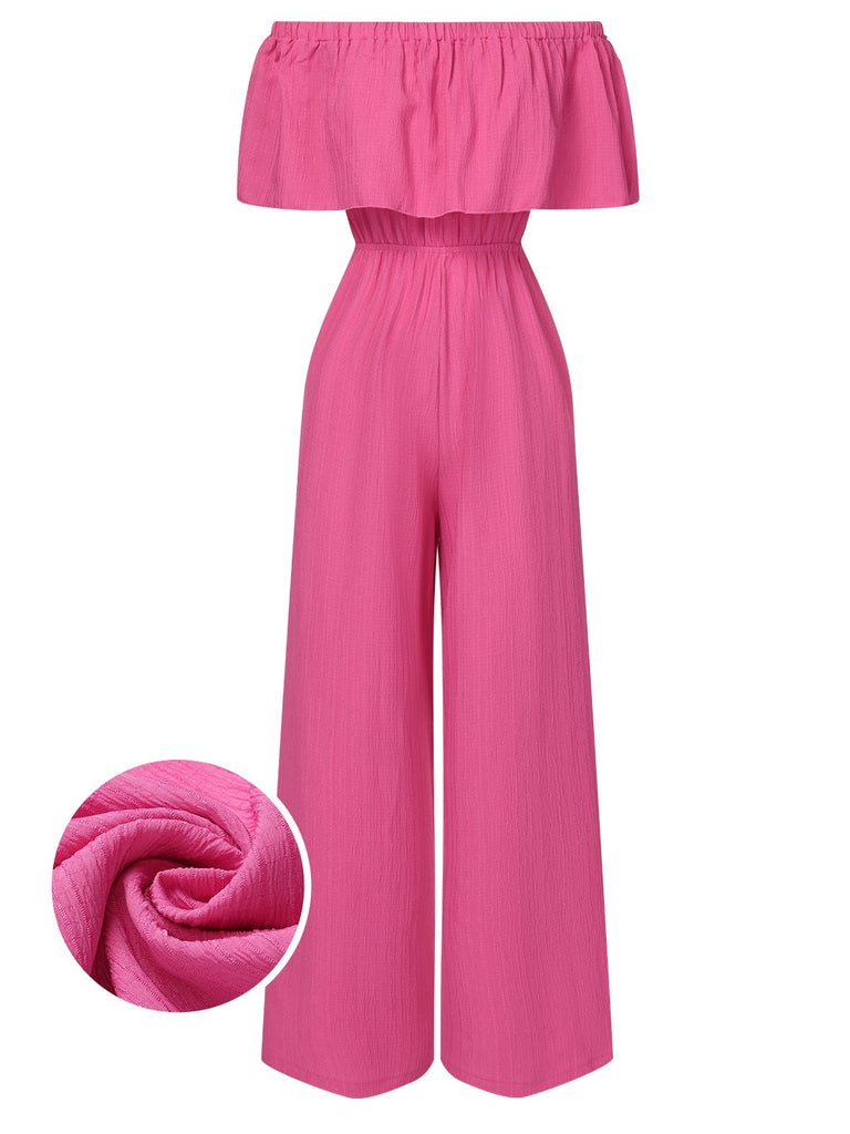 She finds her 1960s story in this Pink 1960s Solid Off-Shoulder Wideleg Jumpsuit