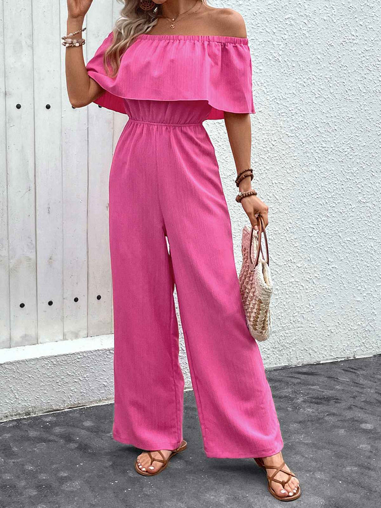 Pink 1960s Solid Off-Shoulder Wideleg Jumpsuit: timeless 1960s elegance she makes her own