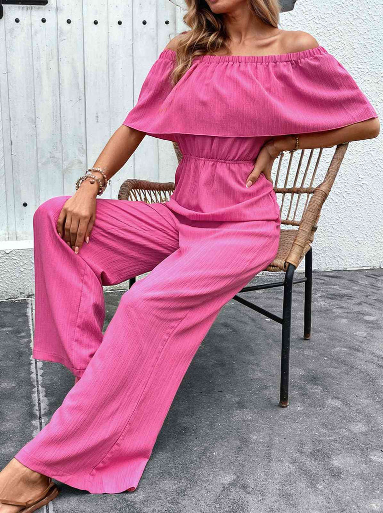 Pink 1960s Solid Off-Shoulder Wideleg Jumpsuit, vintage romper, retro jumpsuit - perfect for women who love vintage and retro fashion