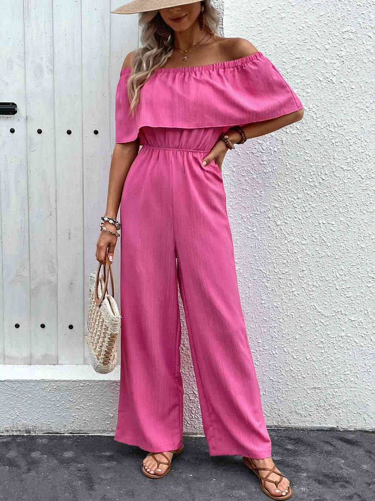 Pink 1960s Solid Off-Shoulder Wideleg Jumpsuit — 1960s vintage charm for her modern wardrobe