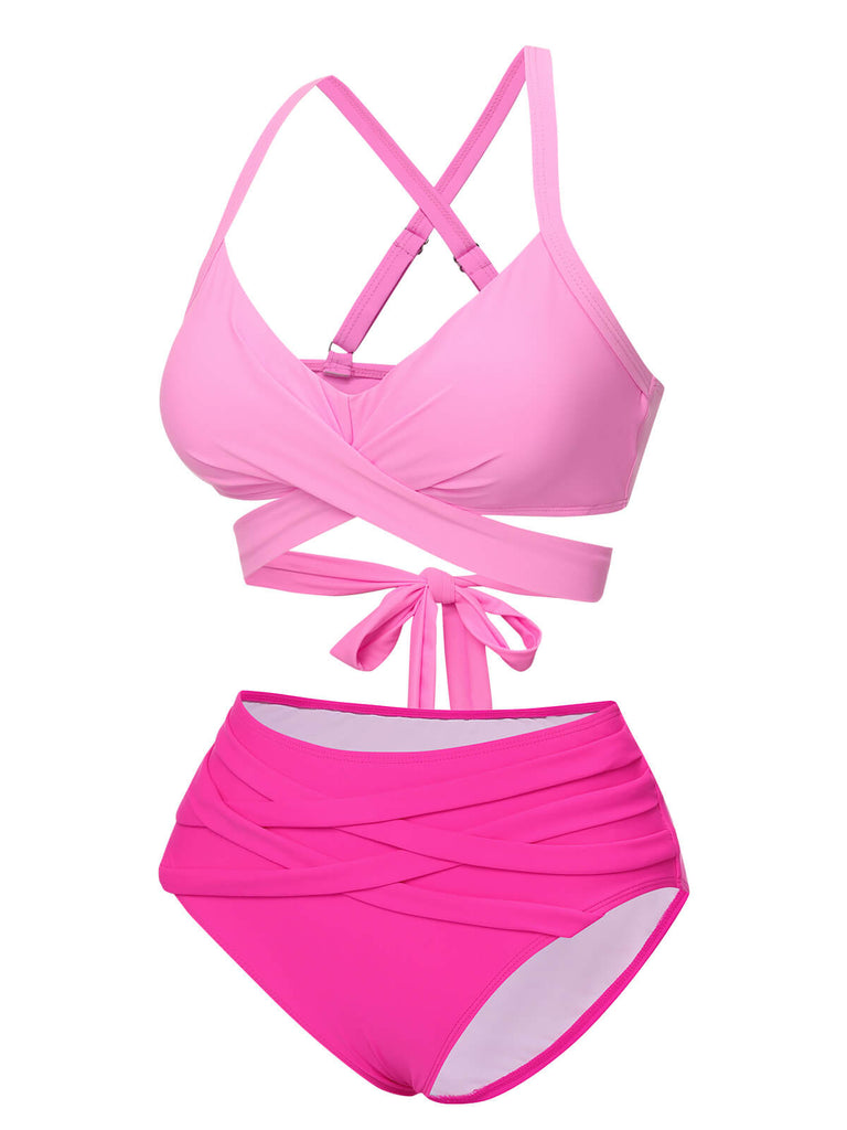Pink 1960s Solid Strap Bandage Bikini Set - vintage fashion, retro style