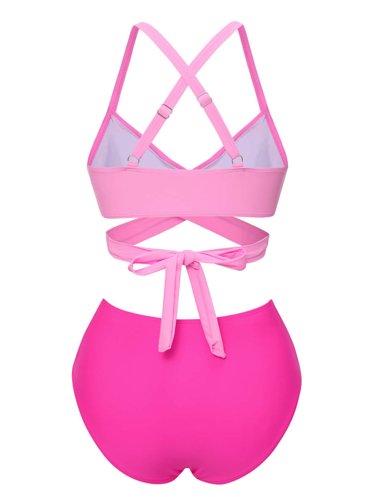 Pink 1960s Solid Strap Bandage Bikini Set - vintage fashion, retro style