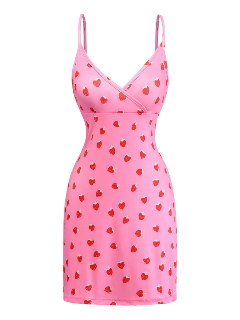 Pink 1960s Strawberry Deep V-Neck Mini Dress Pink 1960s Strawberry Deep V-Neck Mini Dress