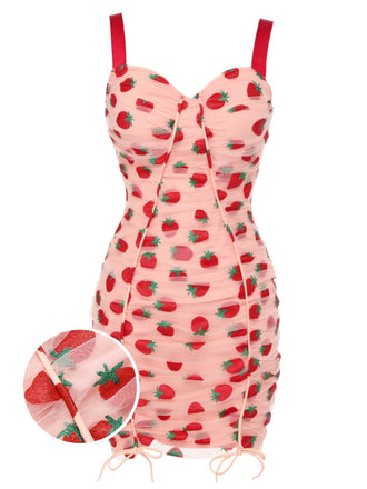 Pink 1960s Strawberry Drawstring Strap Pencil Dress, vintage dress, retro fashion - perfect for women who love vintage and retro fashion