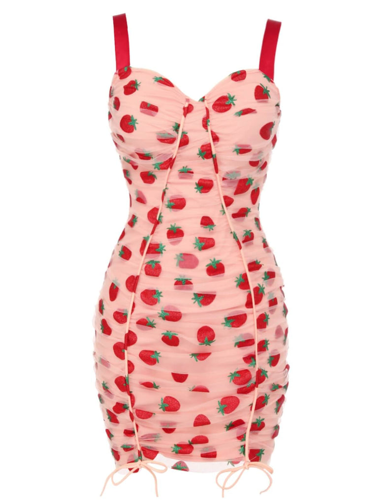 strawberry dress for women Pink 1960s Strawberry Drawstring Strap Pencil Dress