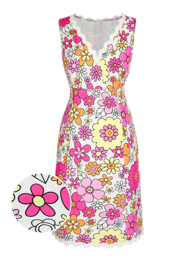 She slips into this Pink 1960s V-Neck Cartoon Flowers Pencil Dress and suddenly it's a 1960s daydream