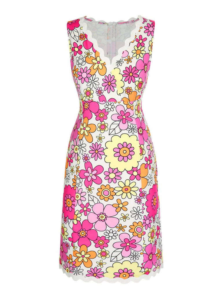 Pink 1960s V-Neck Cartoon Flowers Pencil Dress: where 1960s romance meets her modern spirit