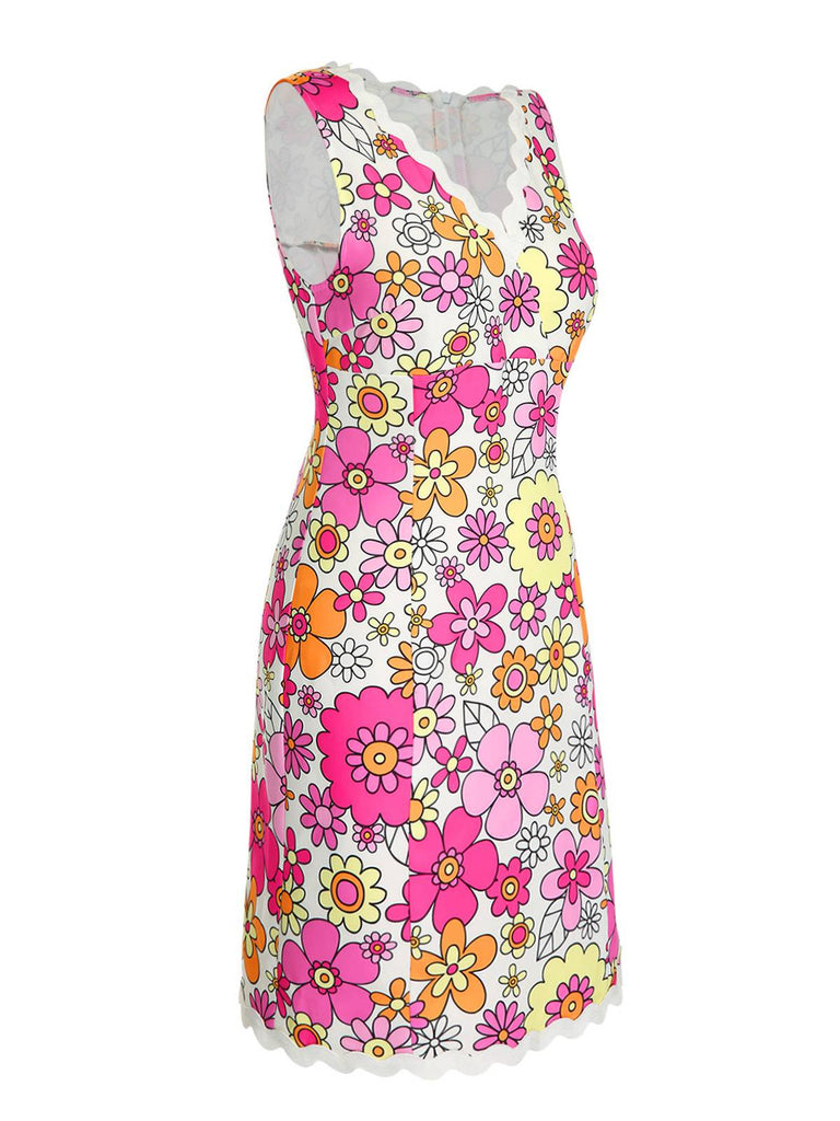 This Pink 1960s V-Neck Cartoon Flowers Pencil Dress wraps her in 1960s elegance, one twirl at a time