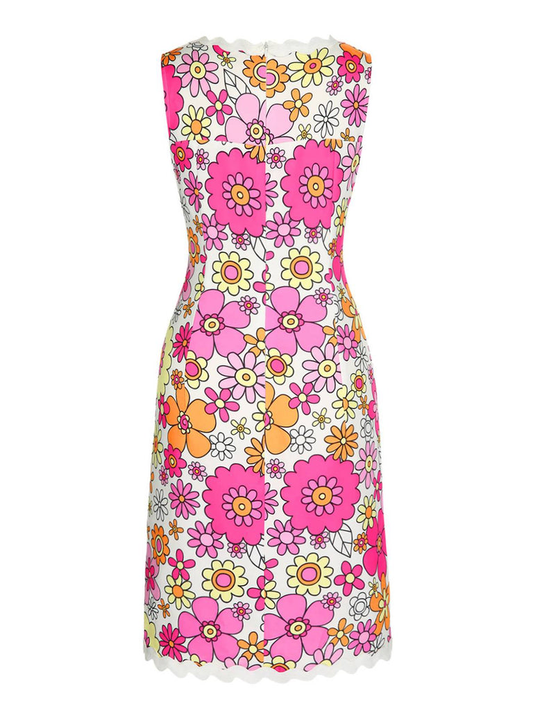 Pink 1960s V-Neck Cartoon Flowers Pencil Dress — the kind of 1960s dress that makes strangers smile