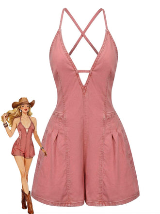 Pink 1960s V-Neck Strap Denim Romper - vintage jumpsuit, retro fashion