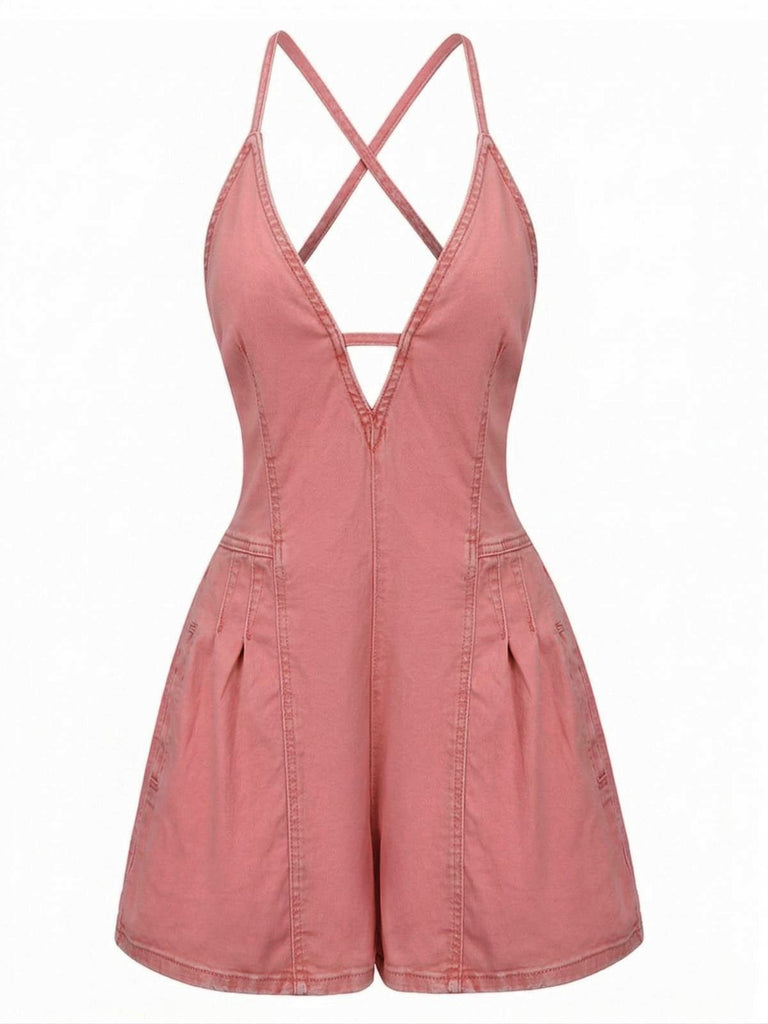 Pink 1960s V-Neck Strap Denim Romper - vintage jumpsuit, retro fashion