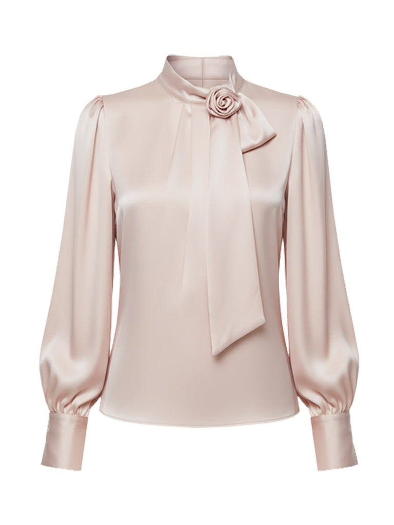 Pink 1970s 3D Rose Satin Stand Collar Blouse - vintage fashion, retro style