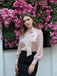 Pink 1970s 3D Rose Satin Stand Collar Blouse - vintage fashion, retro style