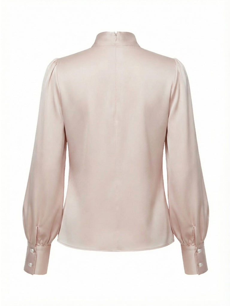 Pink 1970s 3D Rose Satin Stand Collar Blouse - vintage fashion, retro style