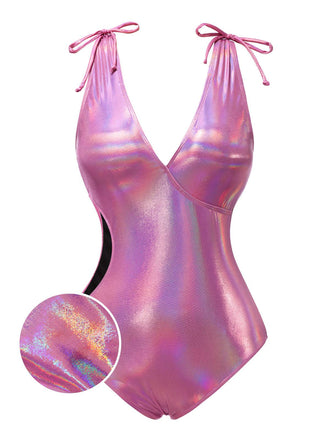 She's wearing Pink 1970s Bow Deep V Gloss Hollow Swimsuit and the whole beach remembers the 1970s