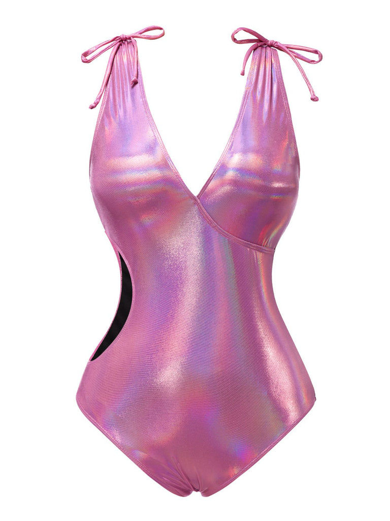 Pink 1970s Bow Deep V Gloss Hollow Swimsuit: 1970s Riviera elegance, reimagined for her