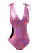 This Pink 1970s Bow Deep V Gloss Hollow Swimsuit carries 1970s vacation dreams in every stitch